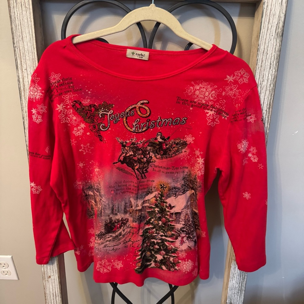 Cactus‎ Joyous Christmas USA Rhinestone Holiday Top Red 3/4 Sleeve Women’s XL